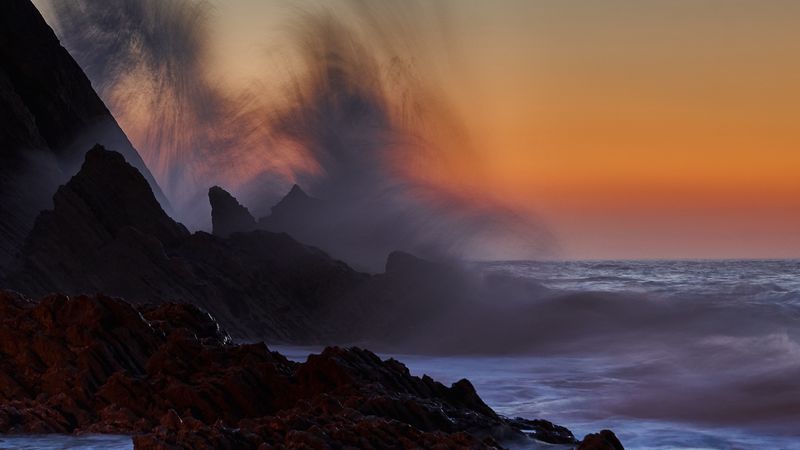 sea, rocks, surf, waves, sunset, 4k