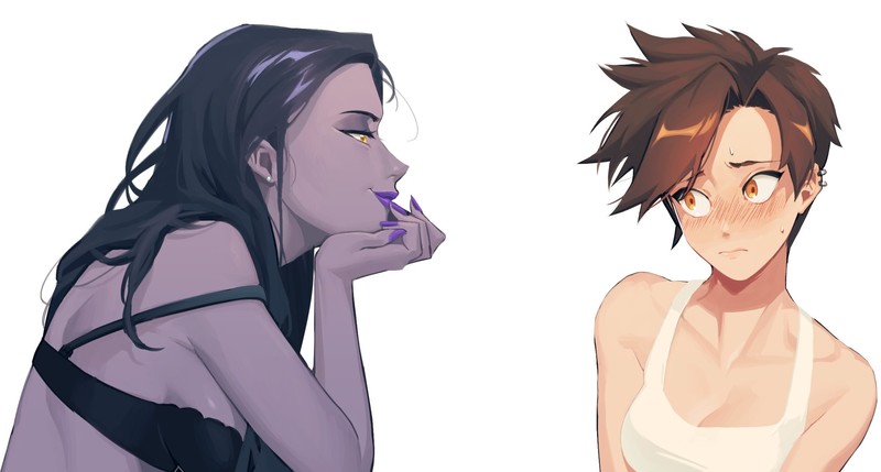 Overwatch, Widowmaker (Overwatch), Tracer (Overwatch), blushing, tank top, ear piercing, digital art, orange eyes, Maro