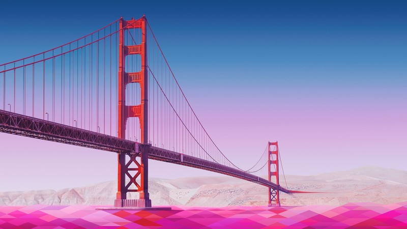 minimalism, artwork, bridge, river, clear sky, pink, Golden Gate Bridge