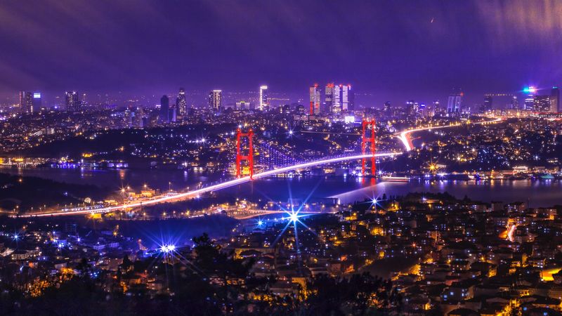 night city, city lights, bridge, aerial view, turkey, 4k