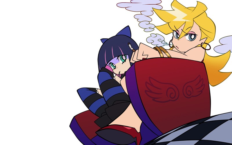Panty and Stocking with Garterbelt, Anarchy Panty, Anarchy Stocking, simple background, anime girls, smoking, blond hair