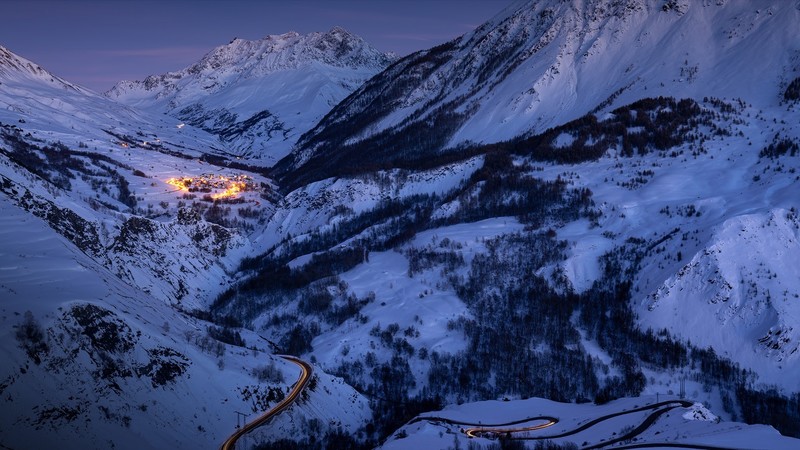 nature, landscape, clouds, sky, village, snow, mountains, snowy mountain, lights, road, hairpin turns, trees, France, far view