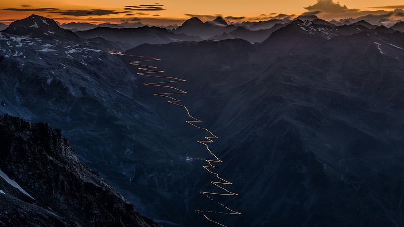 nature, landscape, mountains, clouds, sunset, rocks, sky, road, snow, valley, Stelvio Pass, Italy, far view
