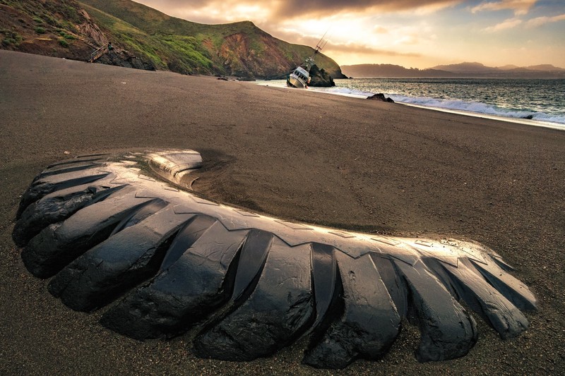 tires, beach, sand, sea