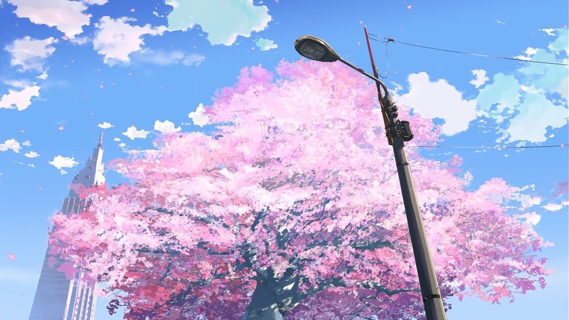 5 Centimeters Per Second, city, trees, anime, pink, sky