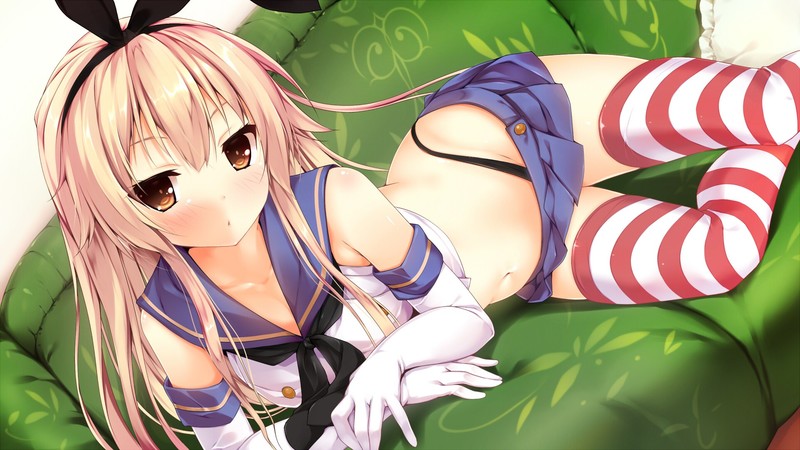 anime girls, blush, blushing, Kantai Collection, sailor outfit, thigh high socks, striped socks, blonde, Shimakaze (Kancolle), anime, children
