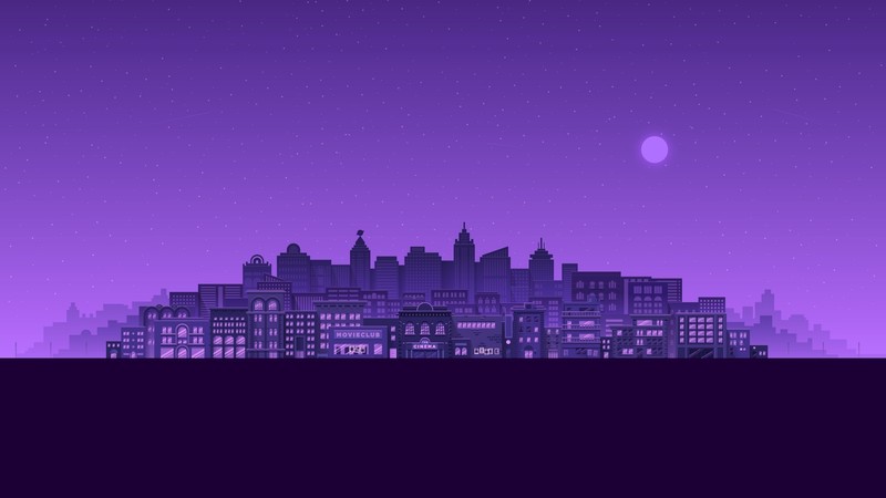 minimalism, artwork, digital, city, night, Moon, stars, building, purple, horizon