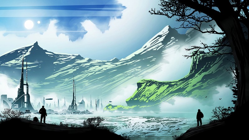 artwork, digital, science fiction, minimalism, mountains, city, futuristic city, river, tower