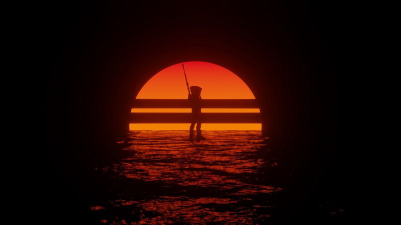 cyborg, silhouette, sunset, 4k