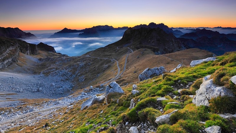 nature, landscape, mountains, horizon, rocks, path, grass, mist, sunset, clear sky, Slovenia