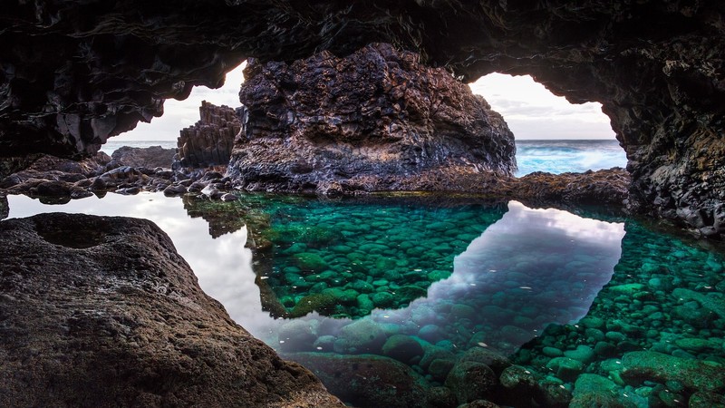 nature, rocks, cave, clear water, waves, clouds, Canary Islands, Spain