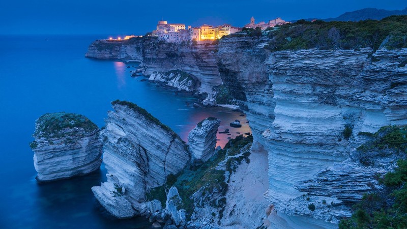 nature, landscape, rocks, trees, coast, sea, water, lights, town, France, Corsica