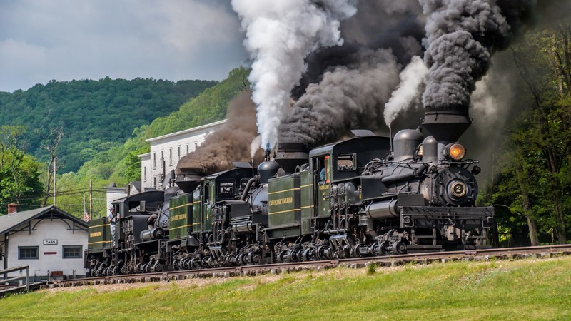 railway, train, trees, nature, landscape, steam locomotive, smoke, grass, forest, USA, West Virginia, building