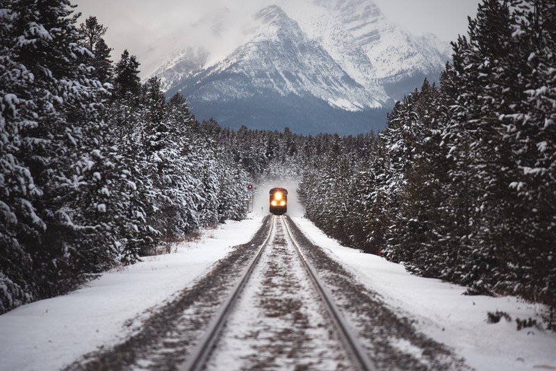 railway, train, trees, nature, landscape, winter, snow, lights, mountains, snowy peak, forest, Irina Babina, Canada