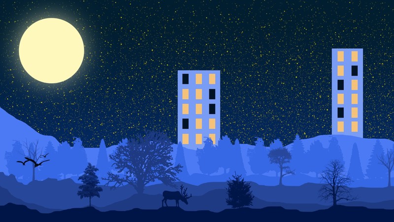 digital art, artwork, minimalism, blue, building, block of flats, Moon, moonlight, stars, night, trees, birds, deer, forest