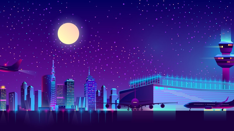 digital art, artwork, minimalism, blue, Moon, moonlight, stars, cityscape, airport, airplane, skyscraper, lights, glowing, vector graphics