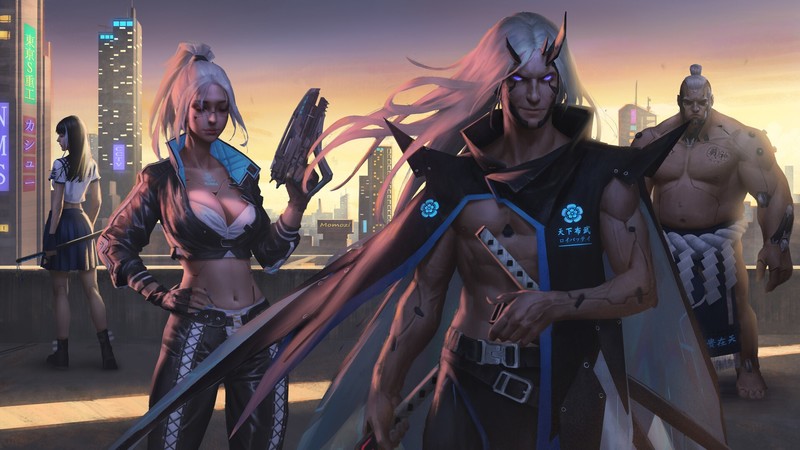 Yuhong Ding, Blade Runner, drawing, androids, men, women, cape, leather, cyberpunk, rooftops, silver hair, long hair, ponytail, weapon, gun, katana, blue eyes, glowing eyes