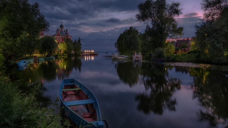 nature, landscape, building, trees, river, water, church, boat, evening, reflection, lights, clouds, house, Russia, sunset