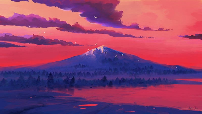 BisBiswas, sunset, lake, mountains, snow, digital art, painting, forest, birds