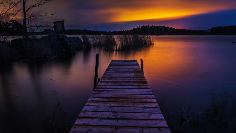 pier, dock, Finland, Ruonala, nature, sunset, clouds