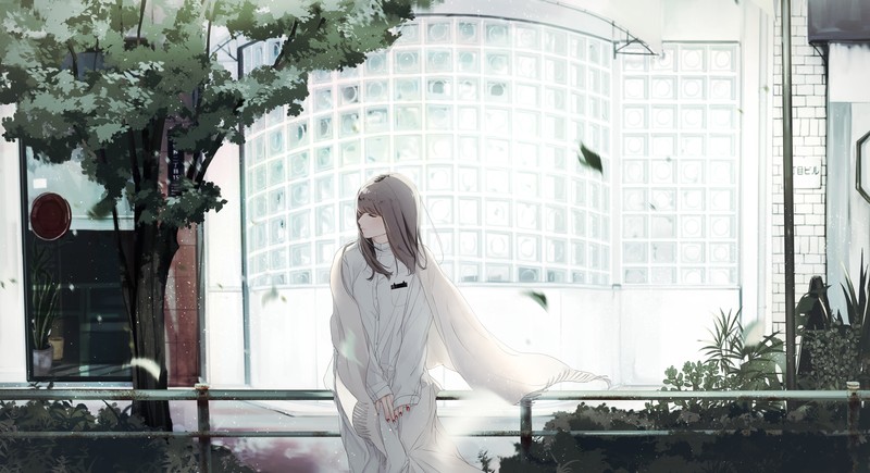 white clothing, waiting, anime, anime girls, city