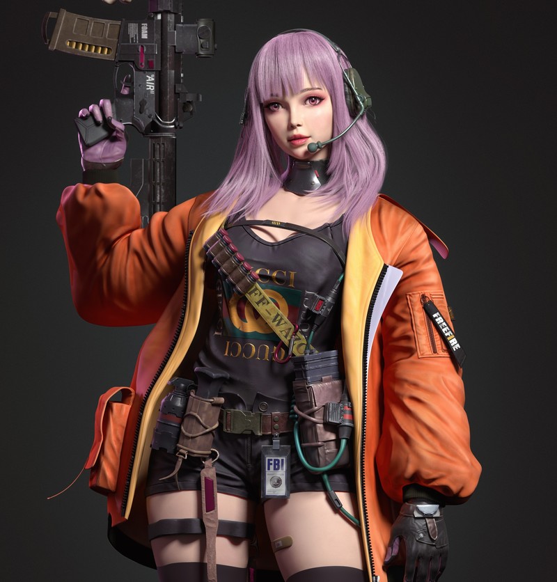 CGI, women, long hair, straight hair, bangs, pink hair, pink eyes, weapon, assault rifle, headsets, jacket, orange clothing, bullet, shorts, grenades, magazines, gloves, microphone, Cifangyi