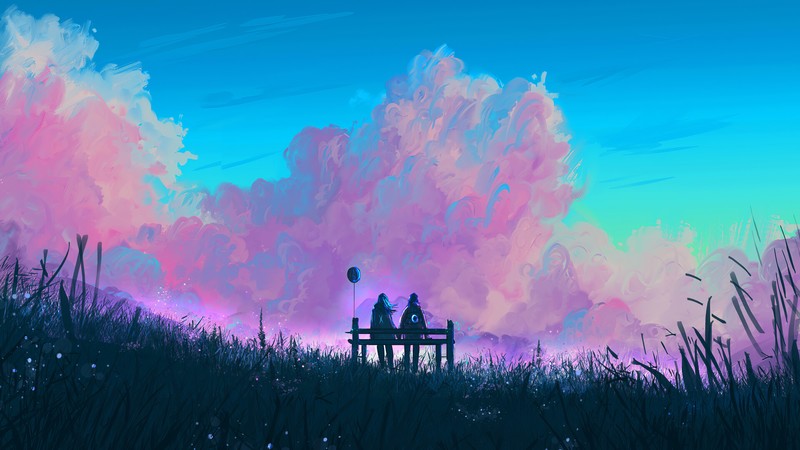 digital art, artwork, illustration, landscape, clouds, pink, digital painting, nature, sky, skyscape, people, couple, sitting, grass, environment, concept art, outdoors, plants, Nafay