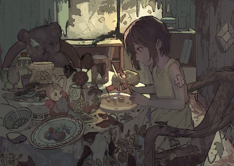 abandoned, isolation, anime, anime girls, teddy bears, food, indoors
