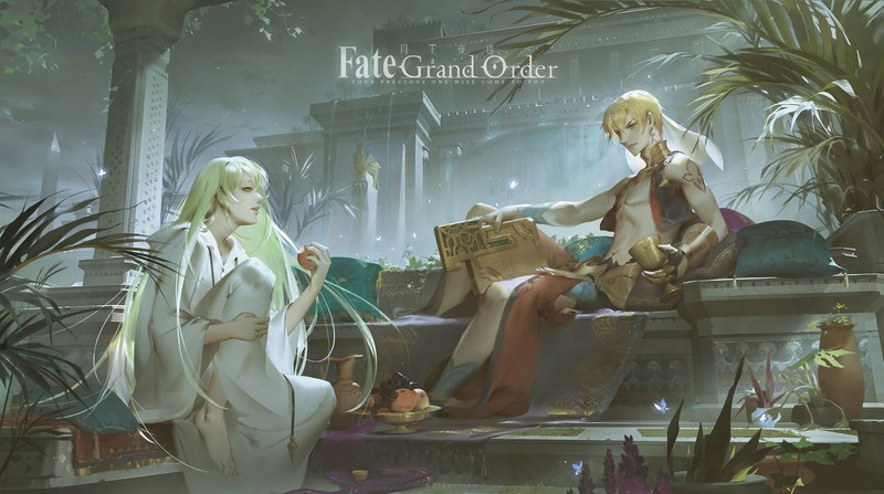 Fate Series, FGO, Fate/Grand Order, anime boys, long hair, short hair, open mouth, Enkidu (FGO), Gilgamesh, apples, abs, 2D, green hair, blond hair, yellow eyes, fan art, butterflies