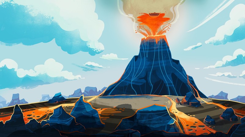 digital art, fantasy art, artwork, volcano, volcanic eruption, eruption, clouds, rock, lava, Journey to the Center of the Earth, BluBlu Studios