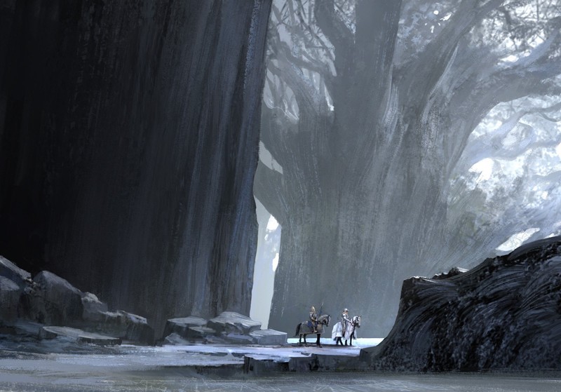 digital art, fantasy art, artwork, trees, knight, horse, horseman, giant, Arnaud Pheu