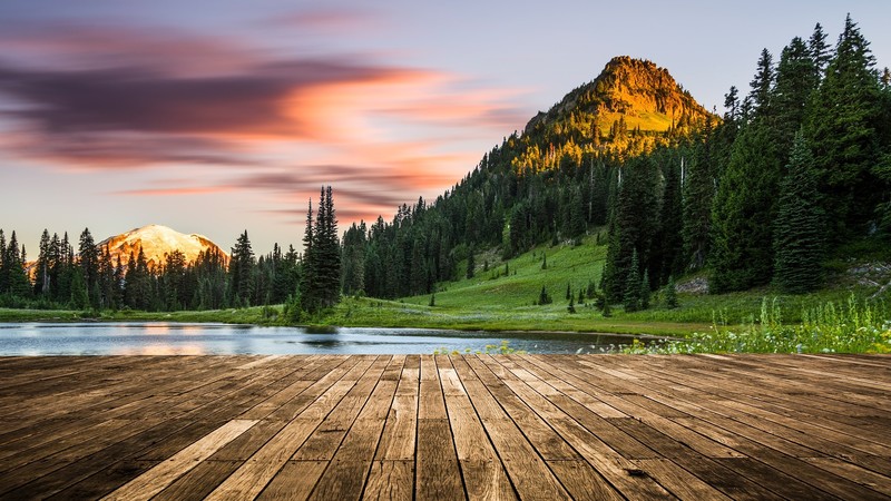 nature, landscape, mountains, trees, forest, plants, clouds, sky, sunset, water, lake, wooden floor, Mt Rainier, Mount Rainier, Washington, USA