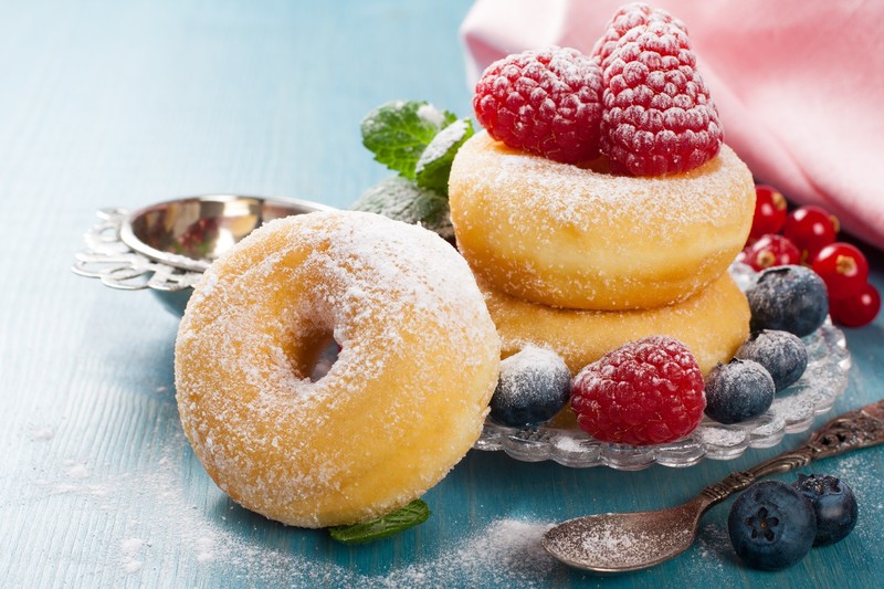 food, fruit, berries, colorful, sweets, spoon, donut, donuts, sugar, blueberries, raspberries, mint leaves, red currant