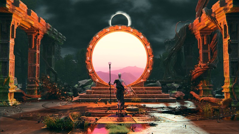 digital art, fantasy art, artwork, Stargate, ruins, pillar, circle, eclipse, solar eclipse, clouds, storm, Eduard Leszczynski, gates