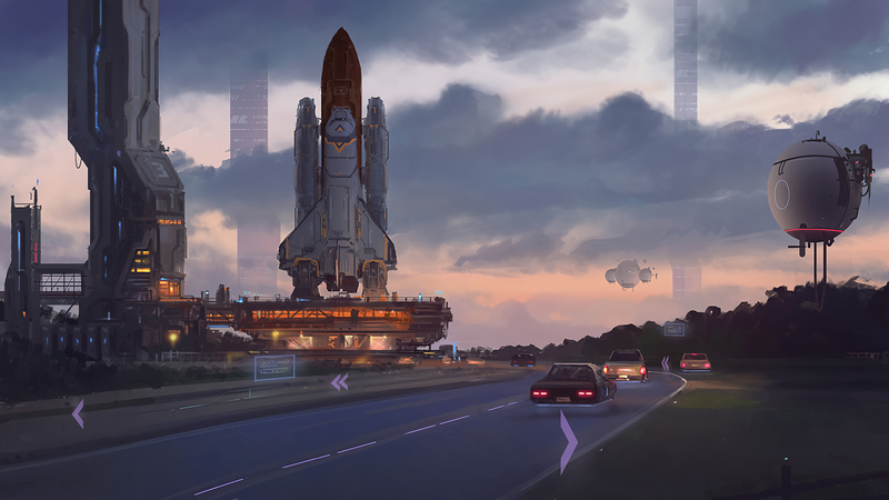 digital art, fantasy art, artwork, futuristic, road, car, spaceship, wan bao, launch pads