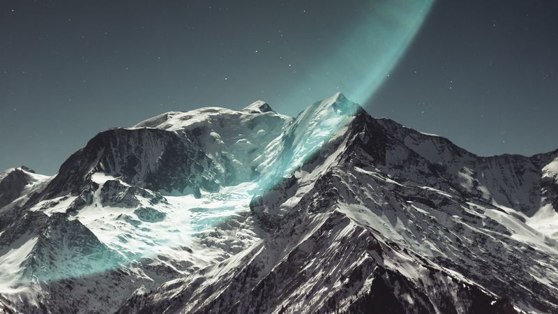 mountain, peak, snowy, light, starry sky, 4k