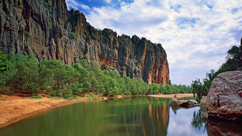 river, rocks, nature, landscape, mountains, trees, water, gorge, Australia, clouds