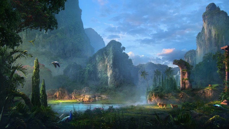 artwork, digital, nature, landscape, mountains, peacock, plants, trees, rocks, forest, lion, ruins, flowers, clouds, sky, river