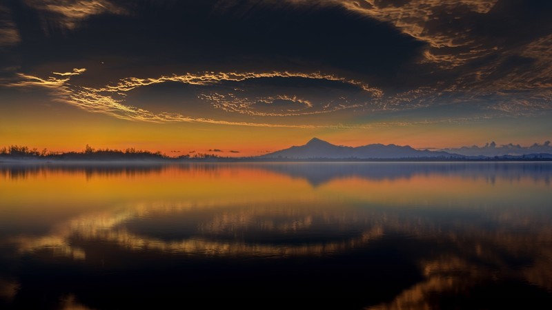 nature, landscape, clouds, sky, sunset, water, reflection, mountains, trees, Sabah, Malaysia, lake