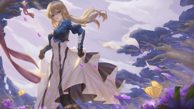 long hair, blonde, gloves, clouds, trees, drawing, artwork, anime girls, low-angle, Violet Evergarden
