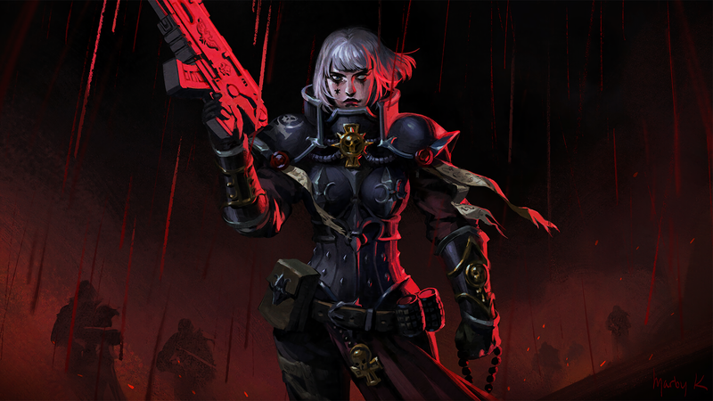 white hair, gun, weapon, armor, blood, Warhammer 40,000, Sisters of Battle, artwork, frontal view