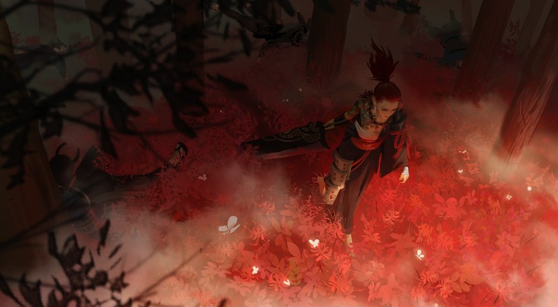 samurai, sword, women, forest, trees, armor, ponytail, tattoo, flowers, artwork, high angle
