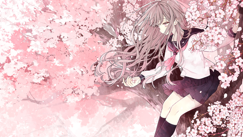 long hair, skirt, cherry blossom, trees, drawing, artwork, anime girls