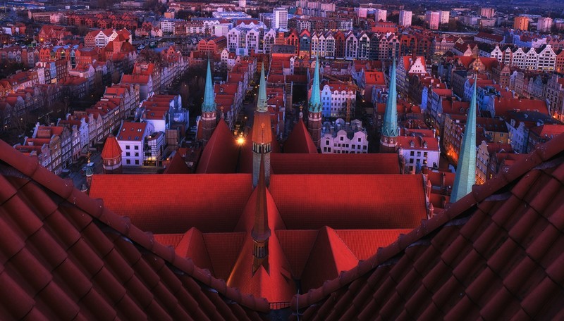 city, rooftops, colorful, evening, cityscape, Gdańsk, aerial view, Poland, Polish