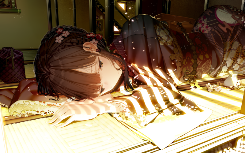 anime girls, anime, original characters, lying on side, brunette, braided hair, flower in hair, sunlight, kimono, Japanese clothes, flowers, on the floor, artwork, drawing, digital art, 2D, illustration, Atha