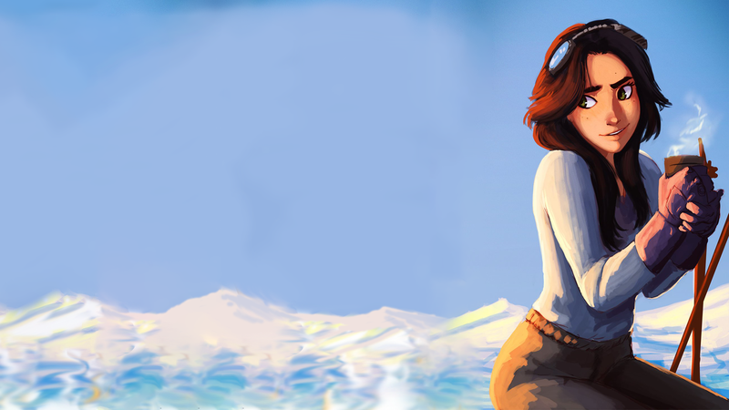 artwork, redhead, green eyes, hot drink