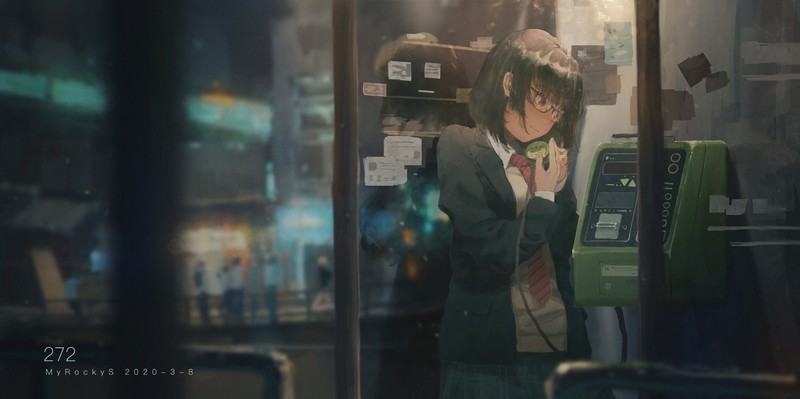 telephone, anime girls, phone box, tie, anime, original characters, 2D, school uniform, JK, women with glasses, night, black hair, short hair, small boobs