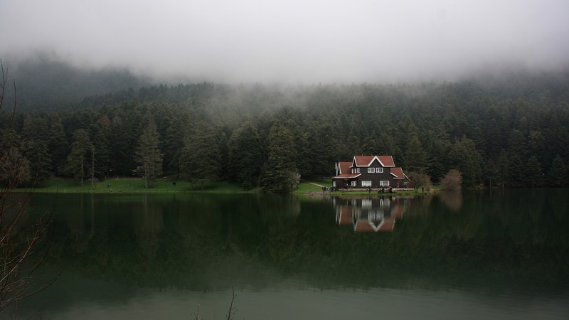 landscape, house, lake, water, trees