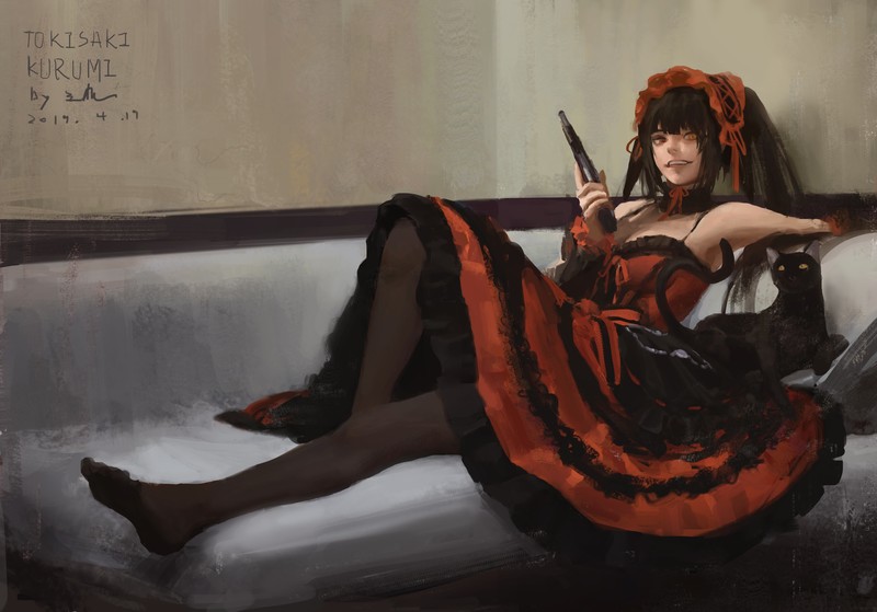 Date A Live, anime girls, long hair, black hair, small boobs, thighs, pantyhose, barefoot, no bra, girls with guns, twintails, laughing, Tokisaki Kurumi, gothic lolita, revolver, black cats, heterochromia, 2D, couch, looking at viewer, red eyes, fan art, armpits