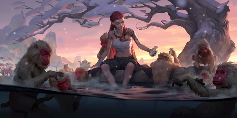 anime girls, original characters, monkey, hot spring, redhead, winter, snow, sake, drink, drinking